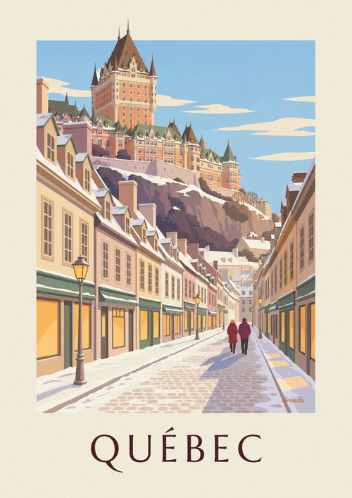 Affiche rue du Petit-Champlain sous la neige à Québec : l'affiche entière