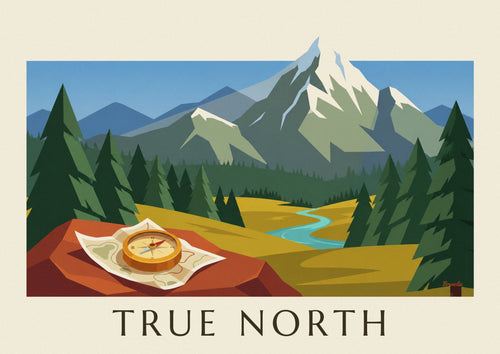 Poster of a brass compass on a mountain hiking map: the full poster
