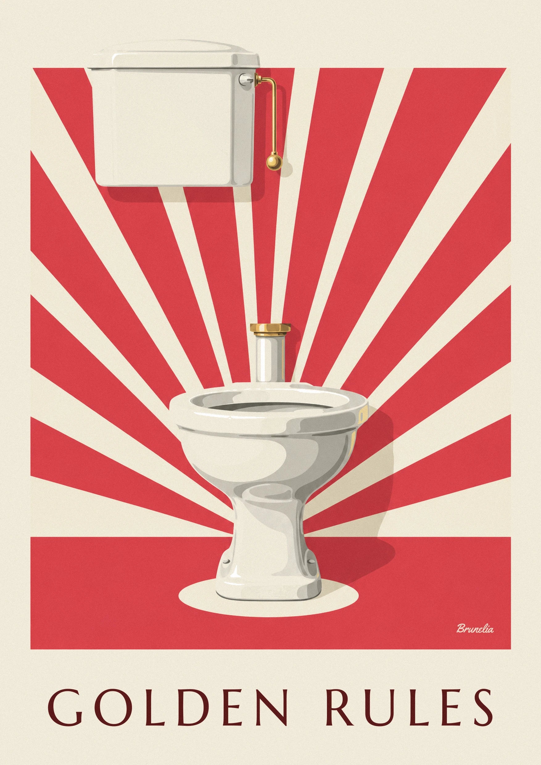 Plakat med hvidt toilet i rampelyset, gyldne regler: nærbillede af detalje