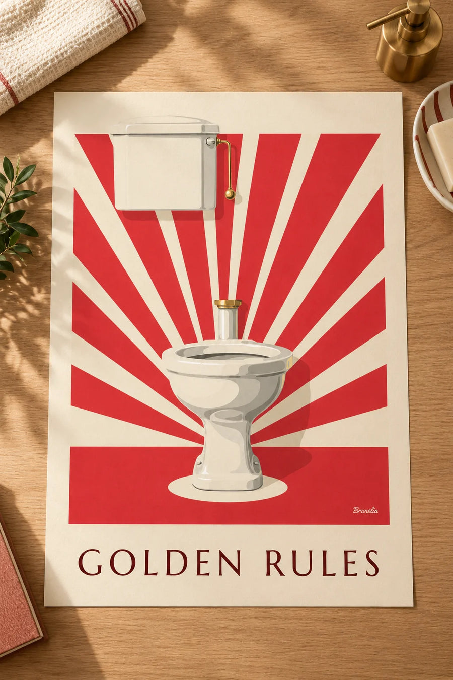Plakat med hvide toiletter i projektørlys og gyldne regler, på et bord