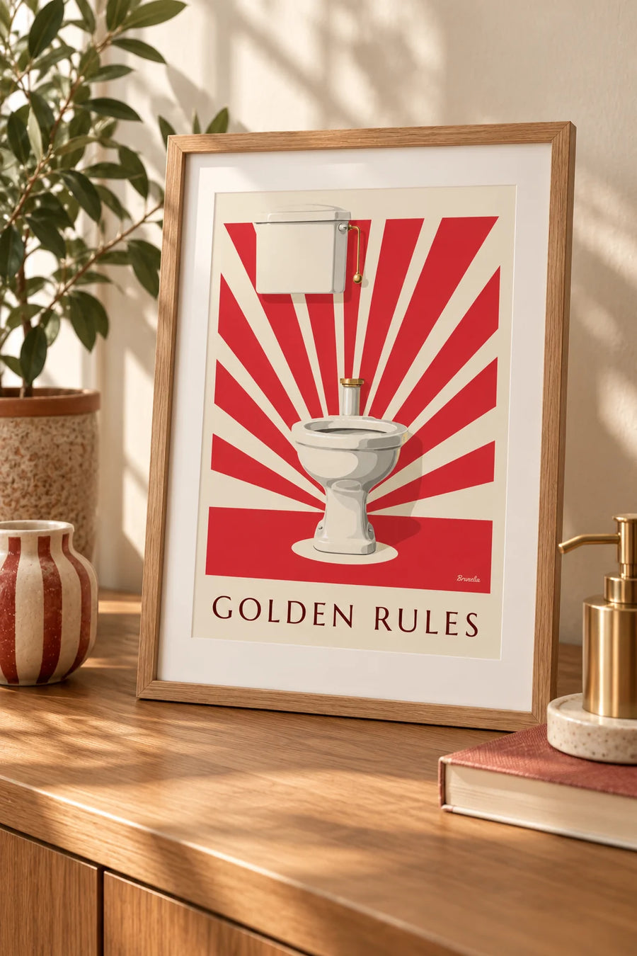 Plakat med hvide toiletter i rampelyset, gyldne regler: lille A4-format i ramme