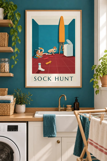 Plakat med humor: dreng med forstørrelsesglas på sporet af sokkerne: indrammet på væggen