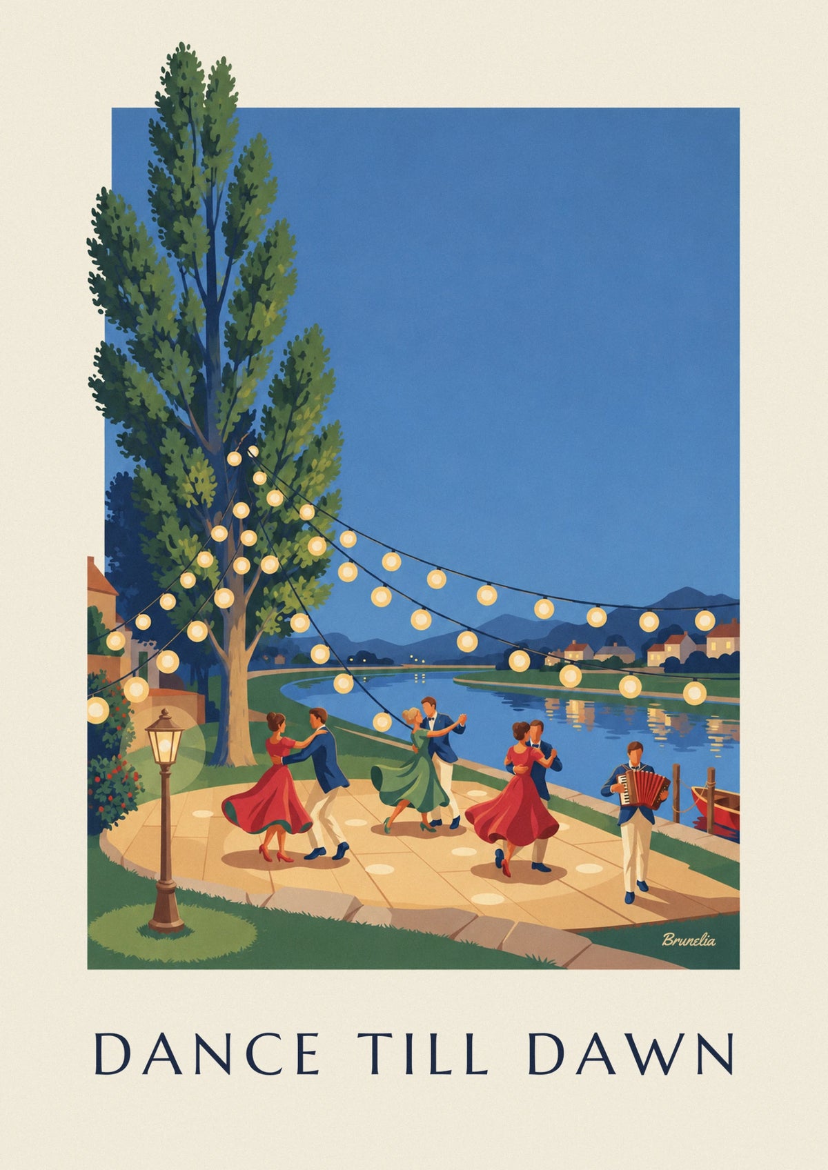 Riverside guinguette dancers under lanterns poster