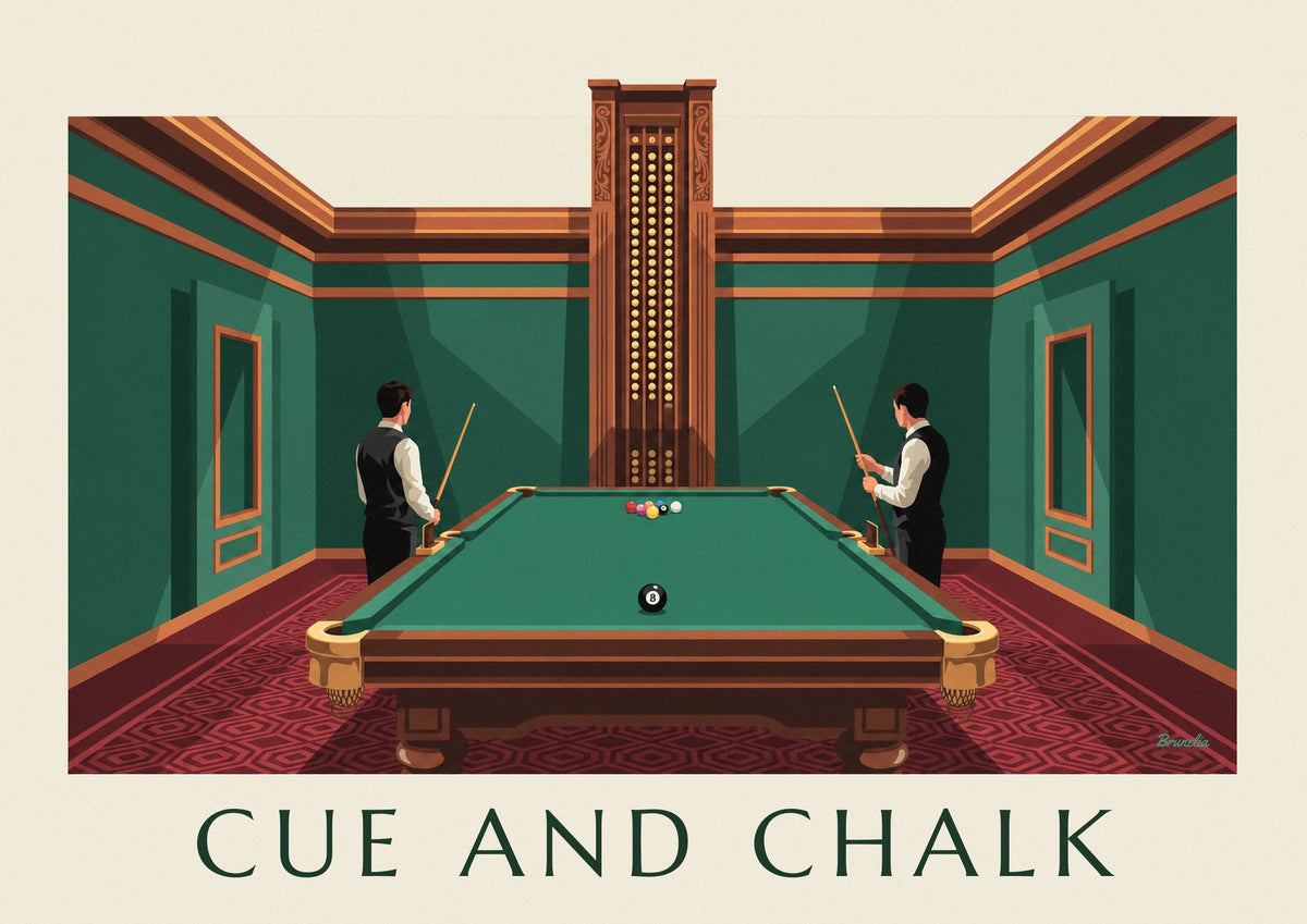 Green-walled billiard room with 8 ball on the felt poster