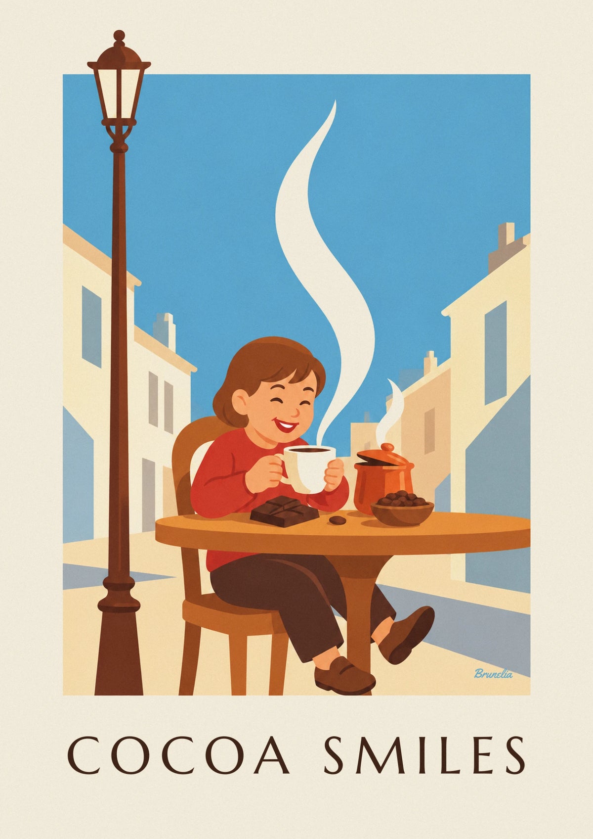 Affiche enfant souriant et grande tasse de chocolat chaud