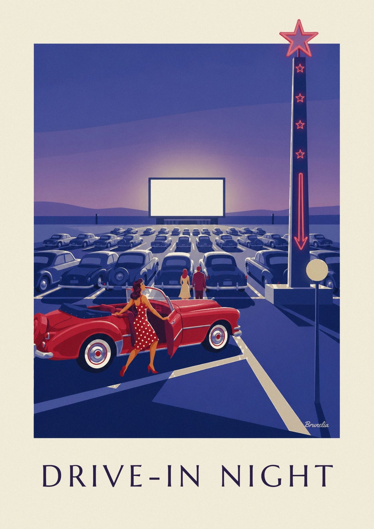 Pin-up and red convertible at the drive-in poster