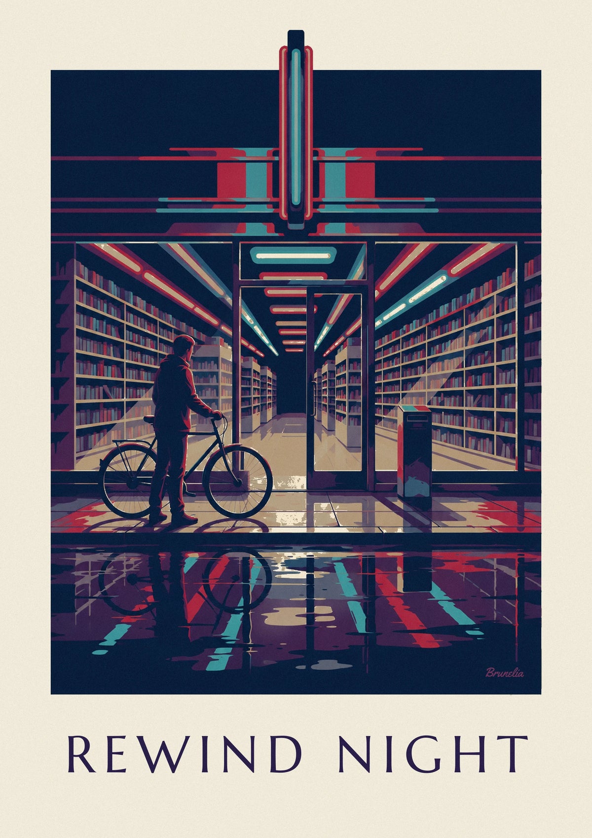 Affiche vidéoclub et rayons de cassettes VHS aux néons la nuit