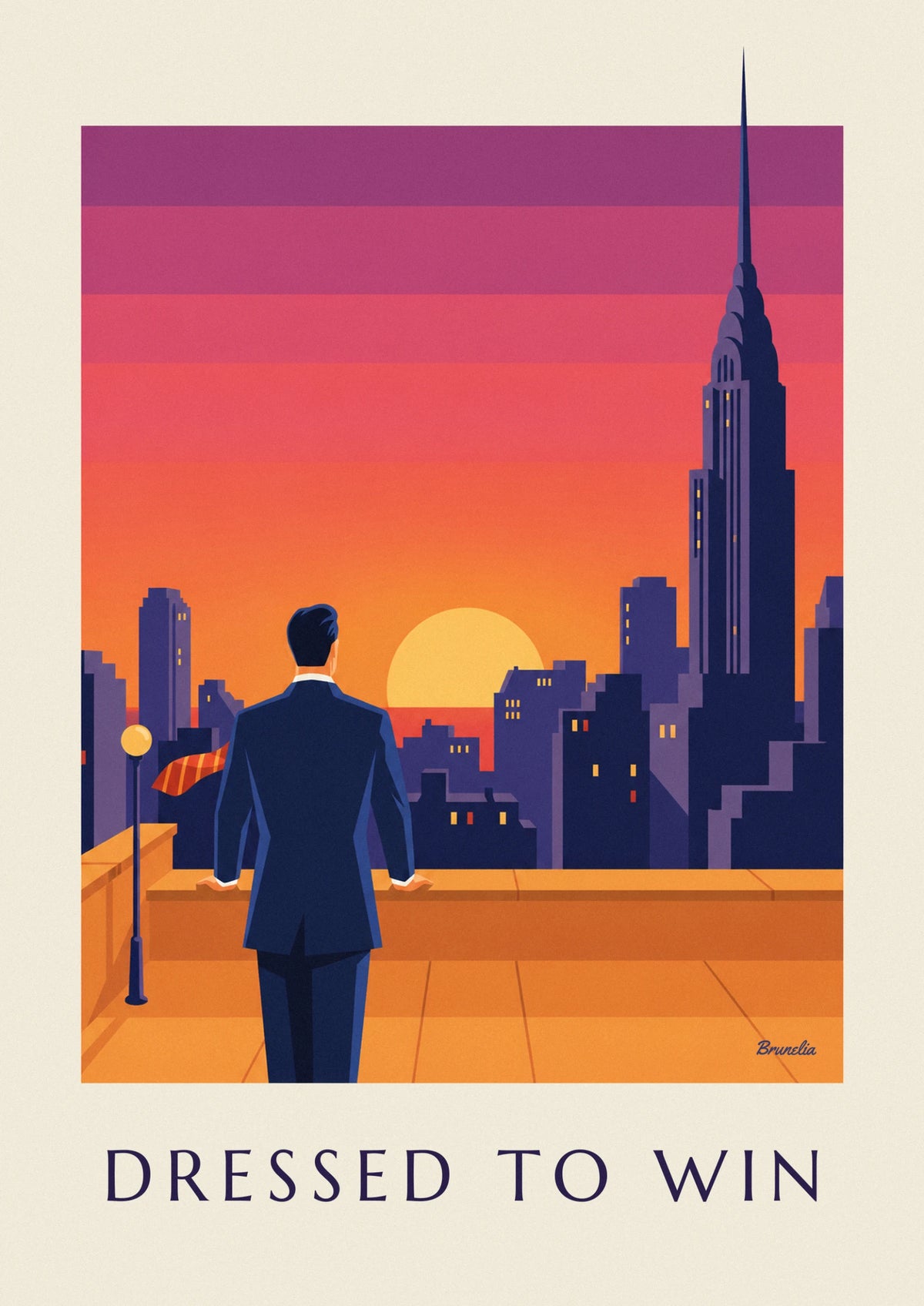 Affiche homme d'affaires et cravate au vent face au coucher de soleil