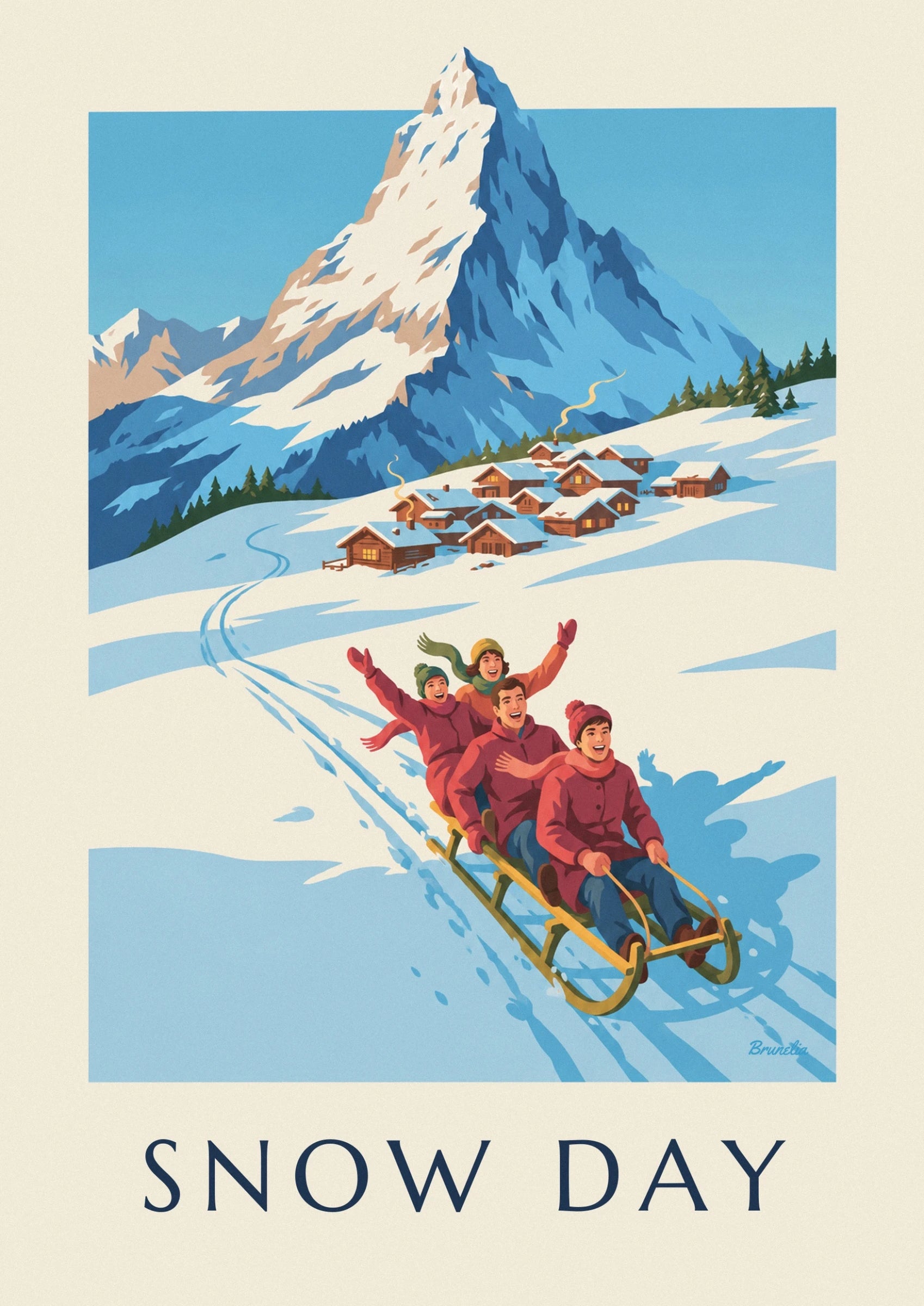 The family in hats and red coats on a wooden sledge in the snow