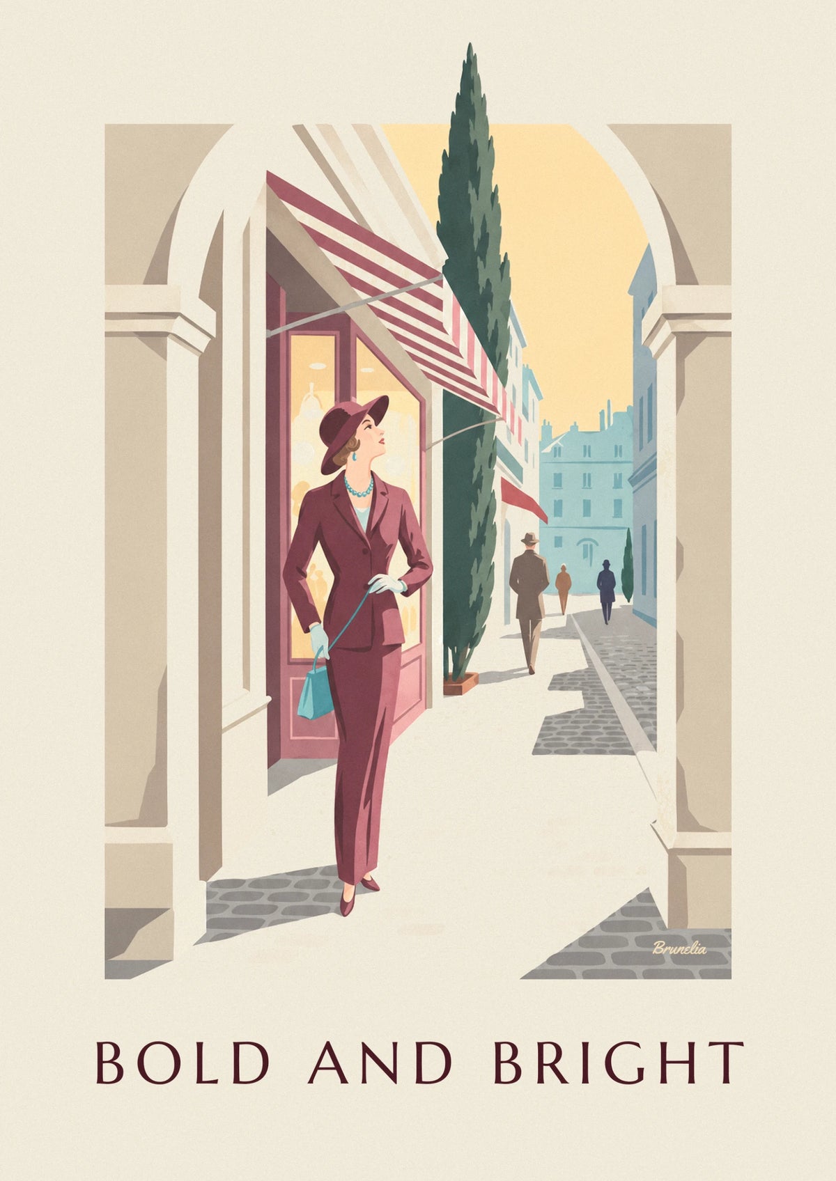 Affiche femme en costume bordeaux et accessoires turquoise