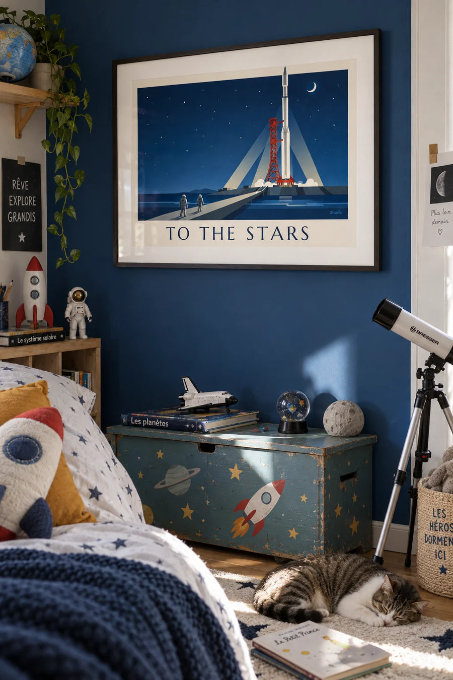 Poster of a rocket on its launch pad under a starry sky: framed on the wall
