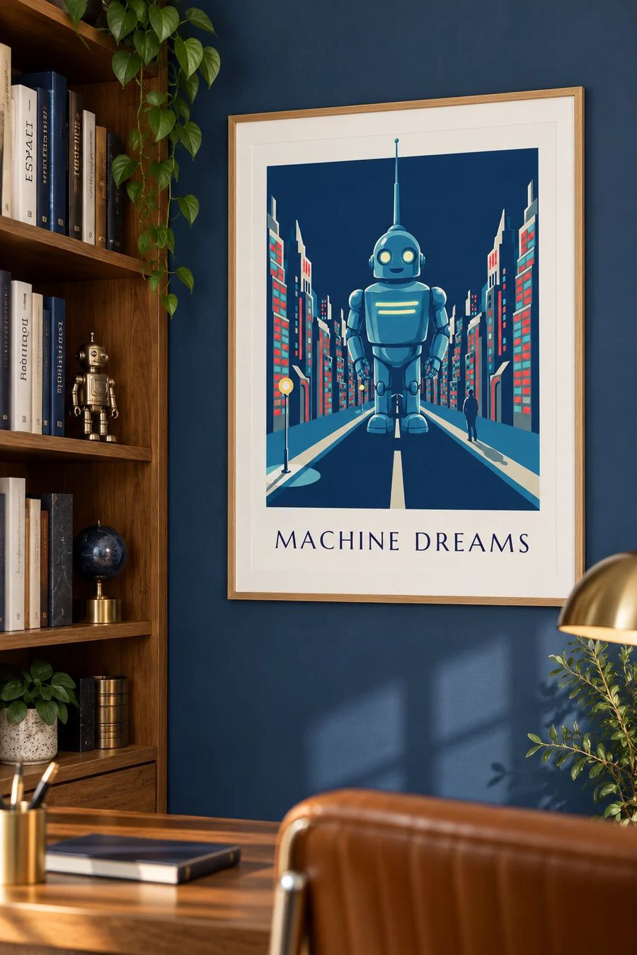 Plakat med futuristisk robot i neonlys i en by om natten: indrammet på væggen