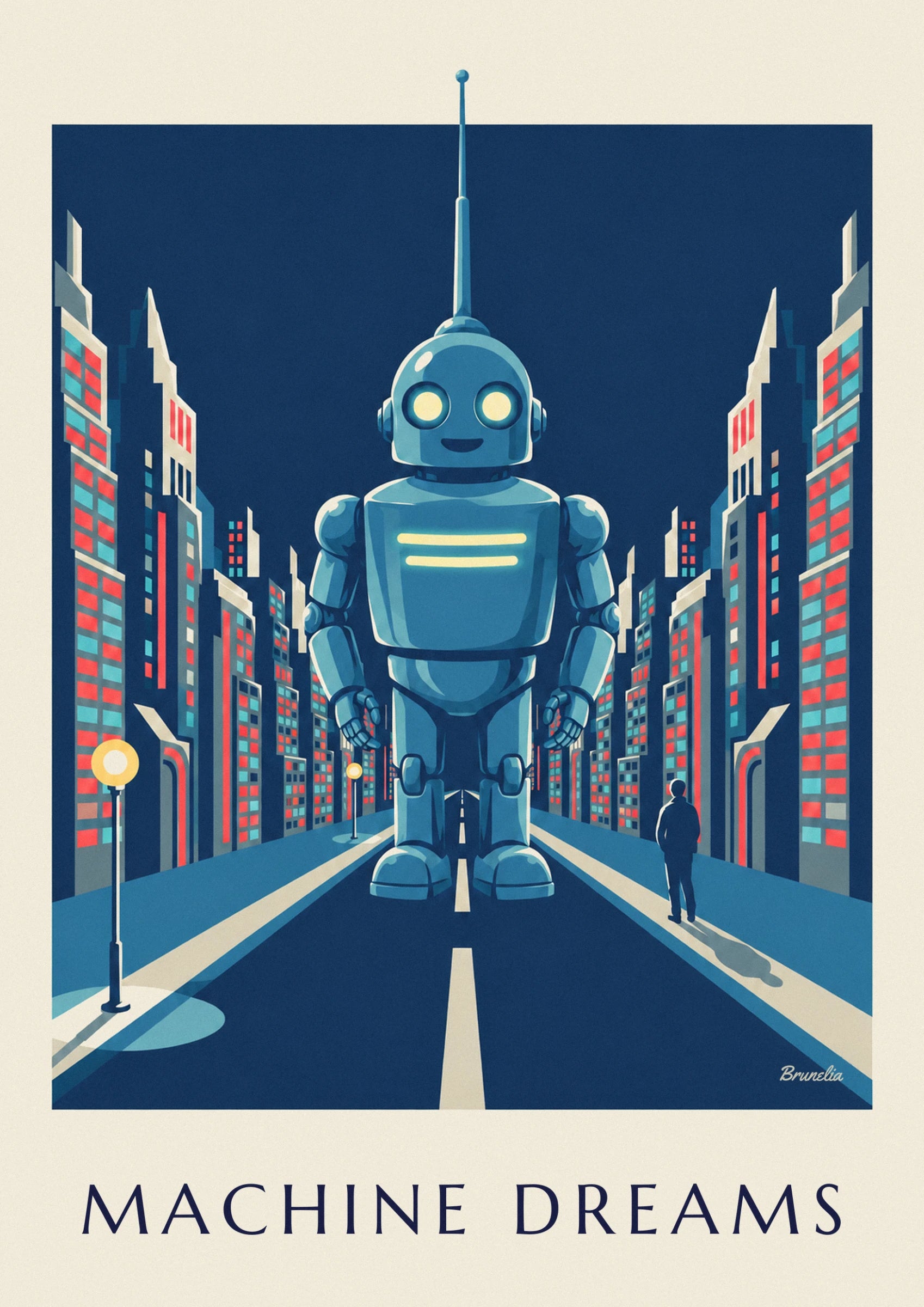 The smiling blue robot with glowing yellow eyes and 2 bars on its chest