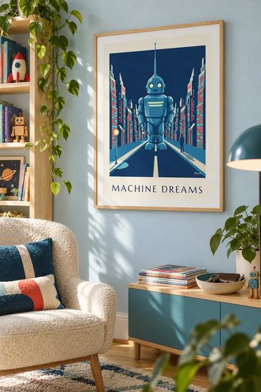 Affiche robot futuriste aux lumières néon dans une ville la nuit : encadrée au mur
