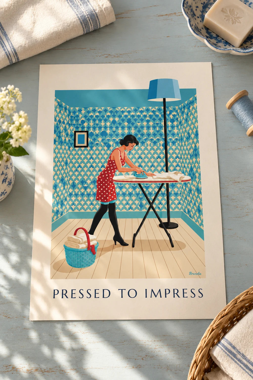 Laundry room: Pin-up ironing a shirt poster on the wall