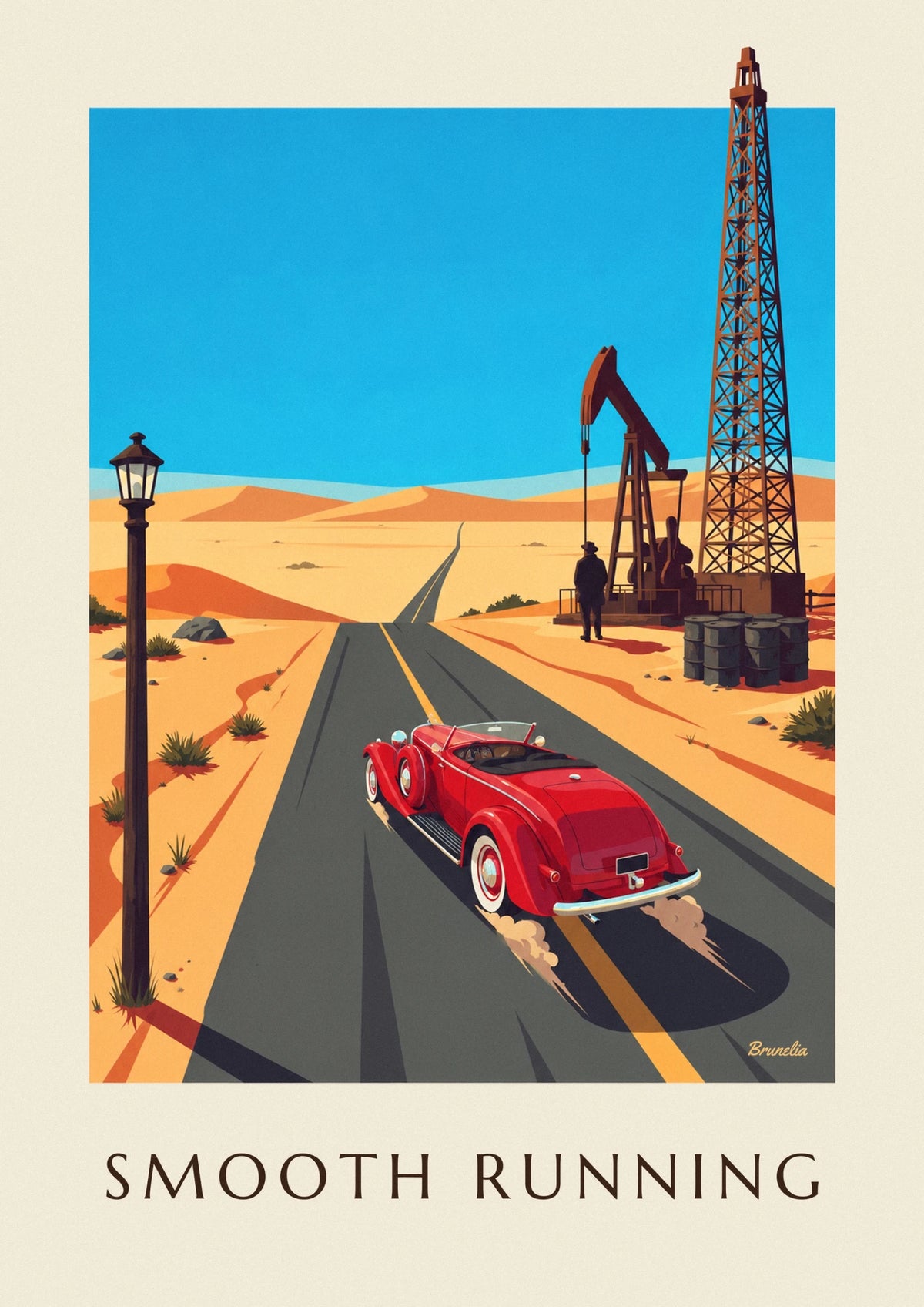 Desert road roadster and oil derrick poster