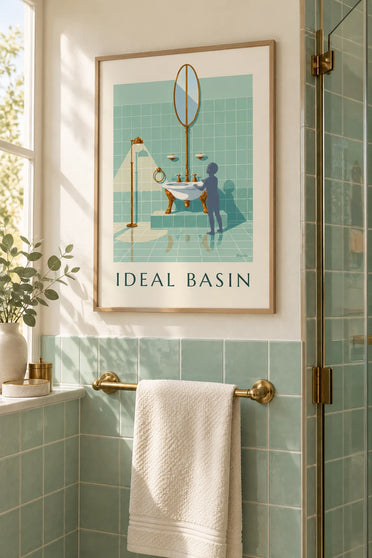 Affiche lavabo en porcelaine sur pieds pour salle de bain : encadrée au mur