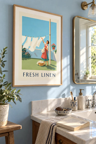Poster of a housewife hanging her white laundry in the garden: framed on the wall