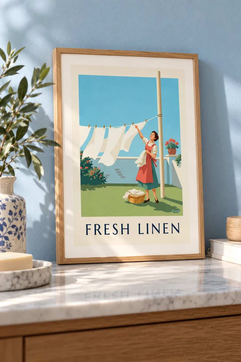 Laundry room: Housewife hanging white laundry in the garden poster on the wall