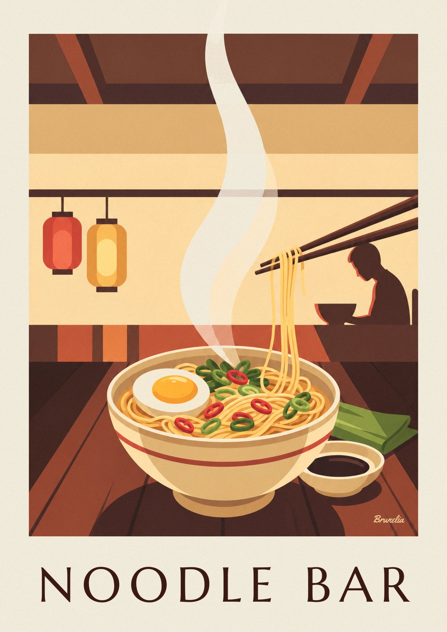 A steaming bowl of noodles, a soft-boiled egg, sliced red chilli and spring onion