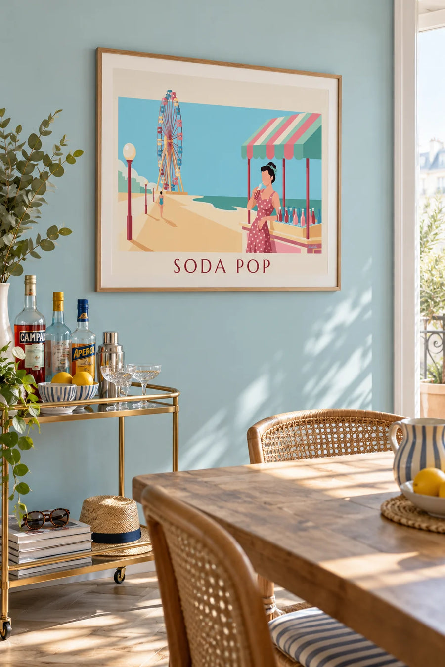 Poster of a pin-up in a polka dot dress at the beach soda stand: framed on the wall