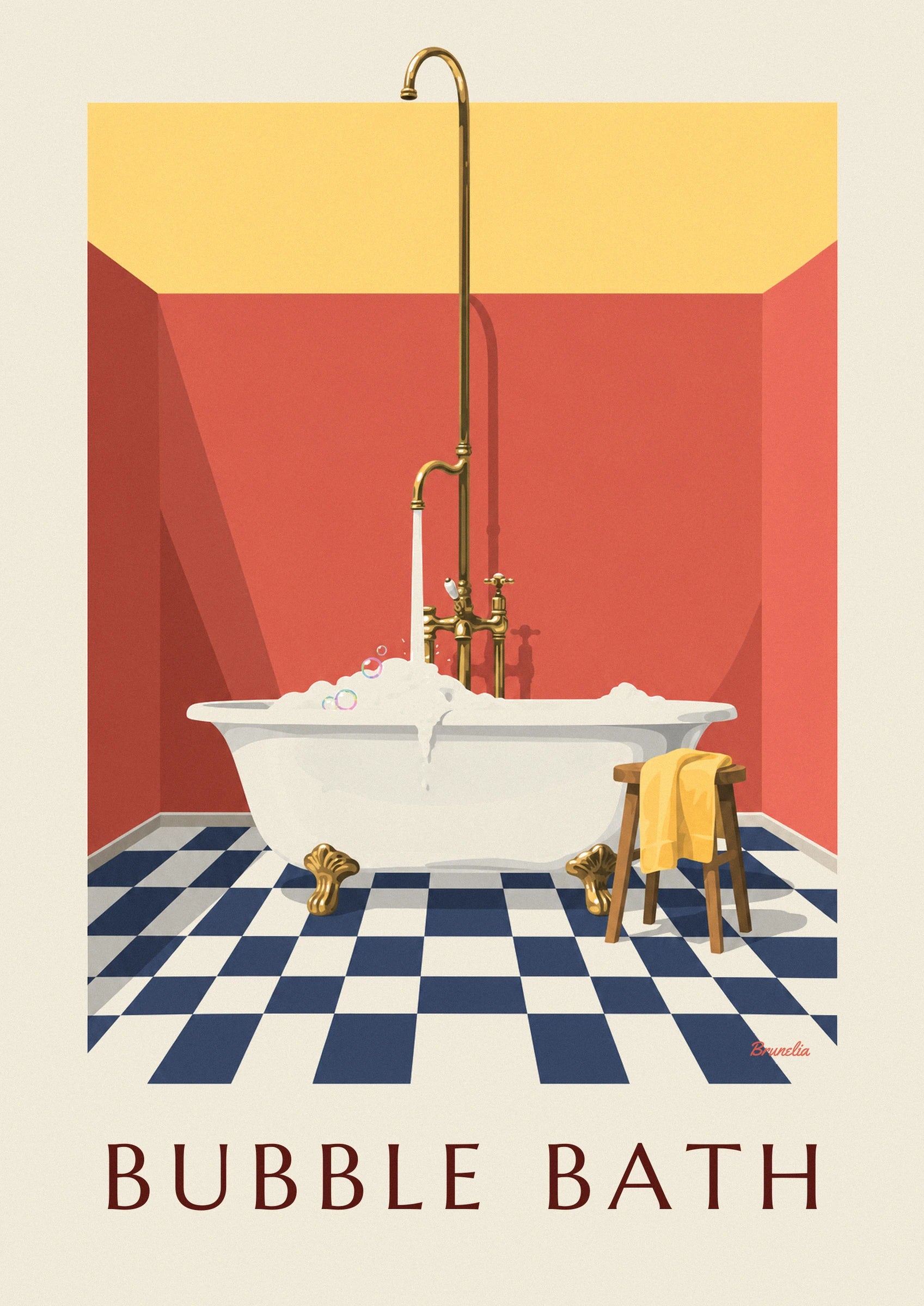 The golden brass tap and its trickle of water making the foam overflow, against a red wall