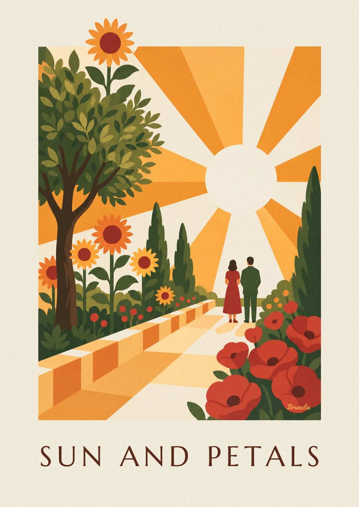 Radiant sun and stylized geometric flowers poster