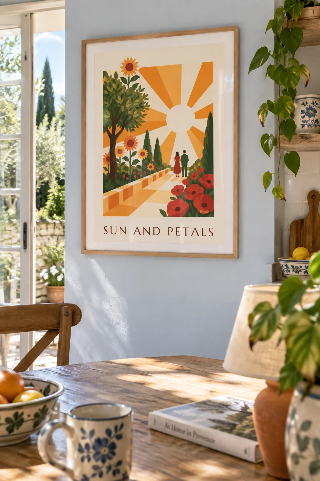 Radiant sun and stylized geometric flowers poster on the wall