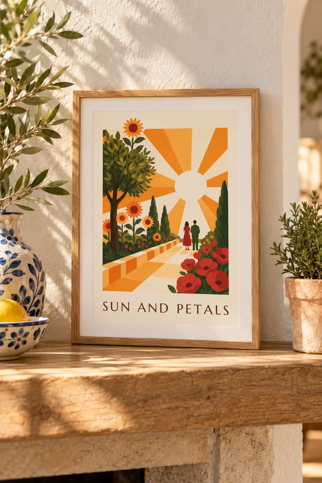 Living room: Radiant sun and stylized geometric flowers poster on the wall