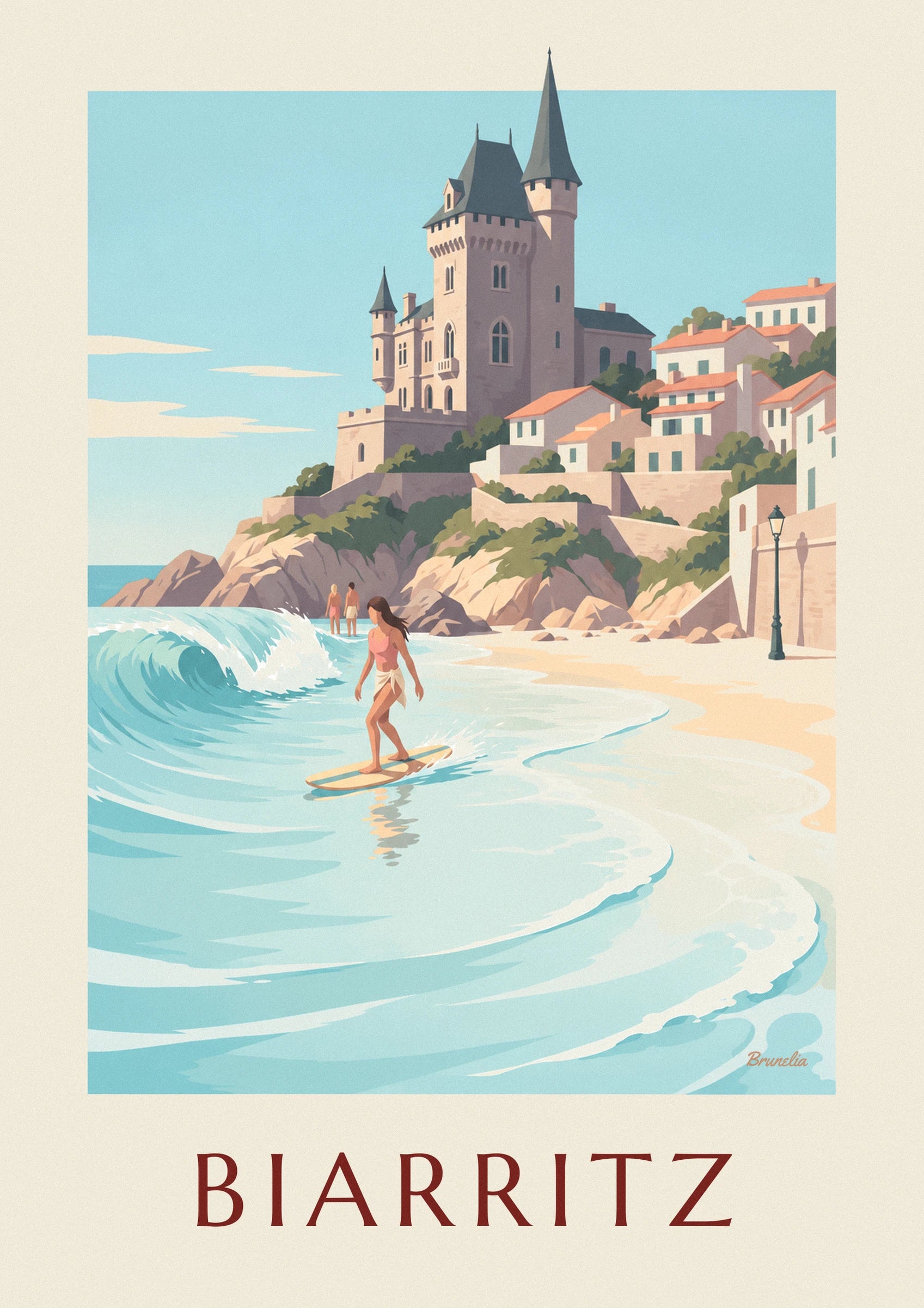 Plakat med kvindelig longboardsurfer ved Côte des Basques i Biarritz: nærbillede af detalje