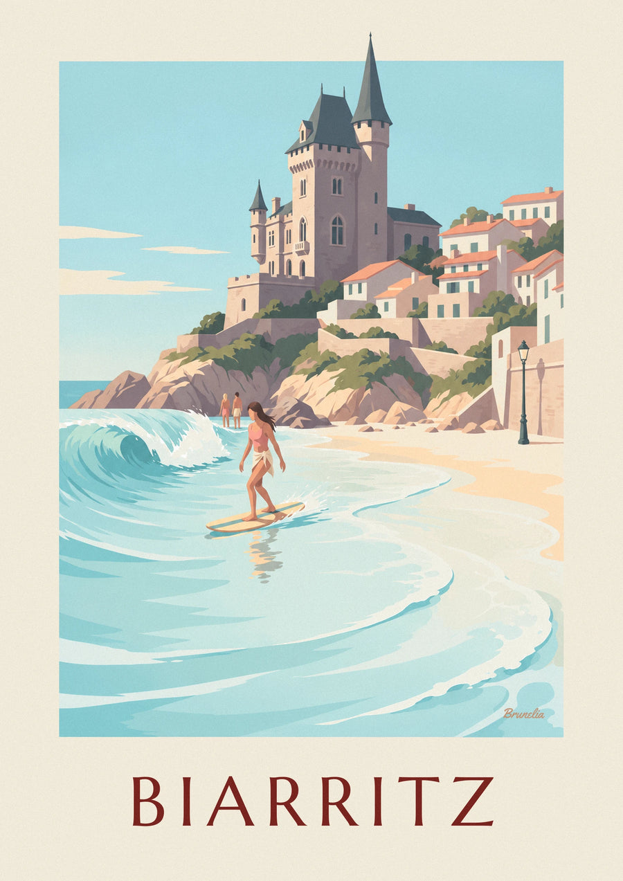 Plakat med kvindelig longboardsurfer ved Côte des Basques i Biarritz