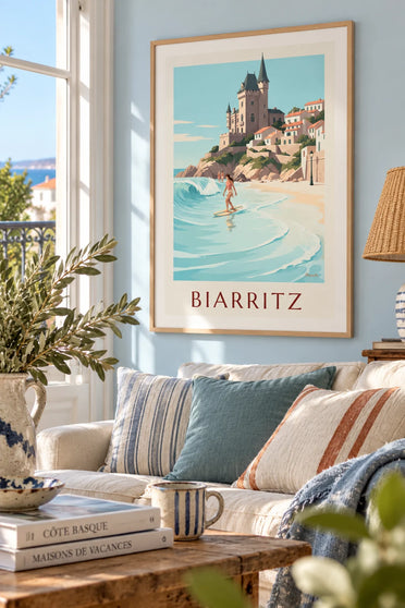 Affiche longboardeuse à la Côte des Basques de Biarritz : encadrée au mur
