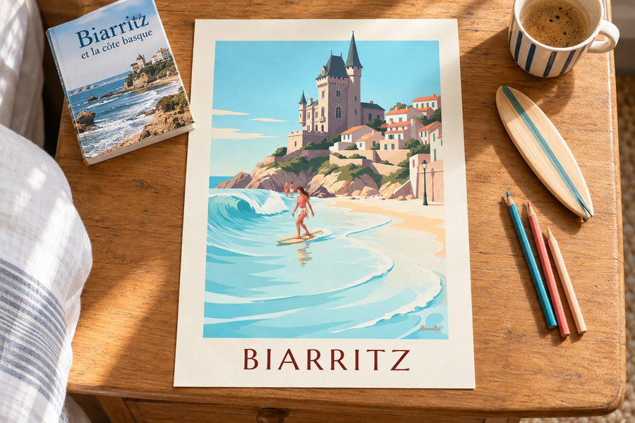Plakat med longboard-surfer ved Côte des Basques i Biarritz: placeret på et bord