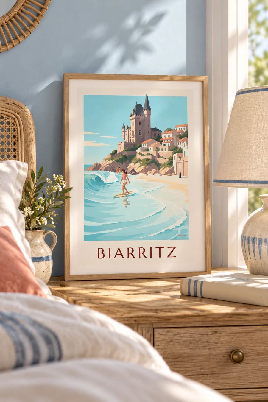 Plakat med longboardpige ved Côte des Basques i Biarritz: lille A4-format i ramme