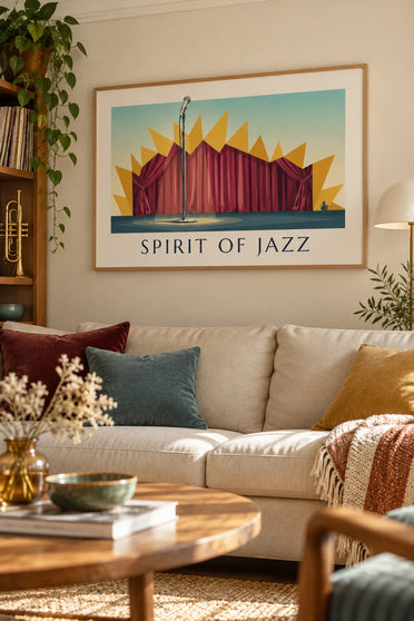 Plakat med mikrofon på scenen i en jazzklub, Spirit of Jazz: indrammet på væggen