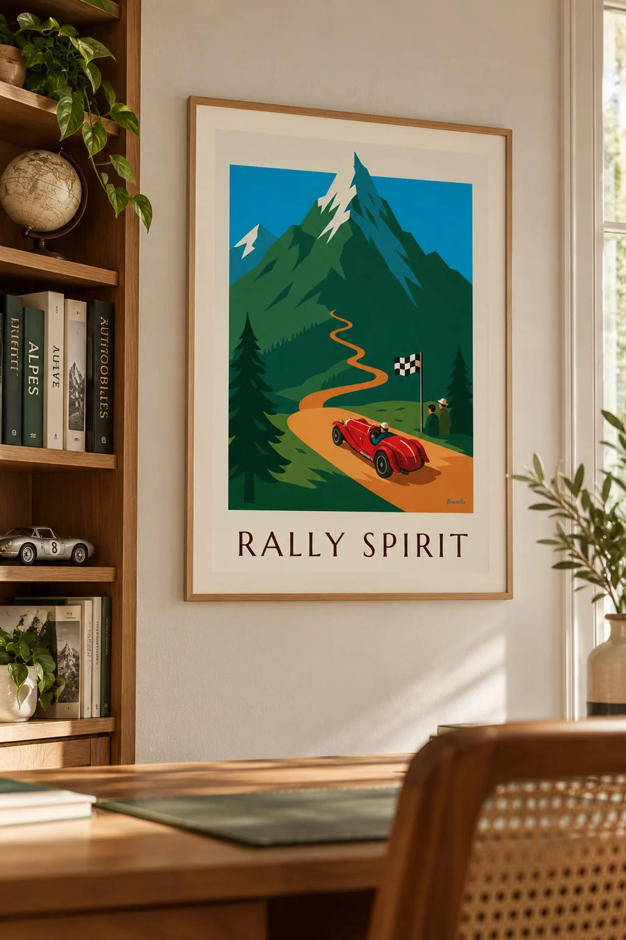 Plakat med rød roadster i et bjergrally: indrammet på væggen