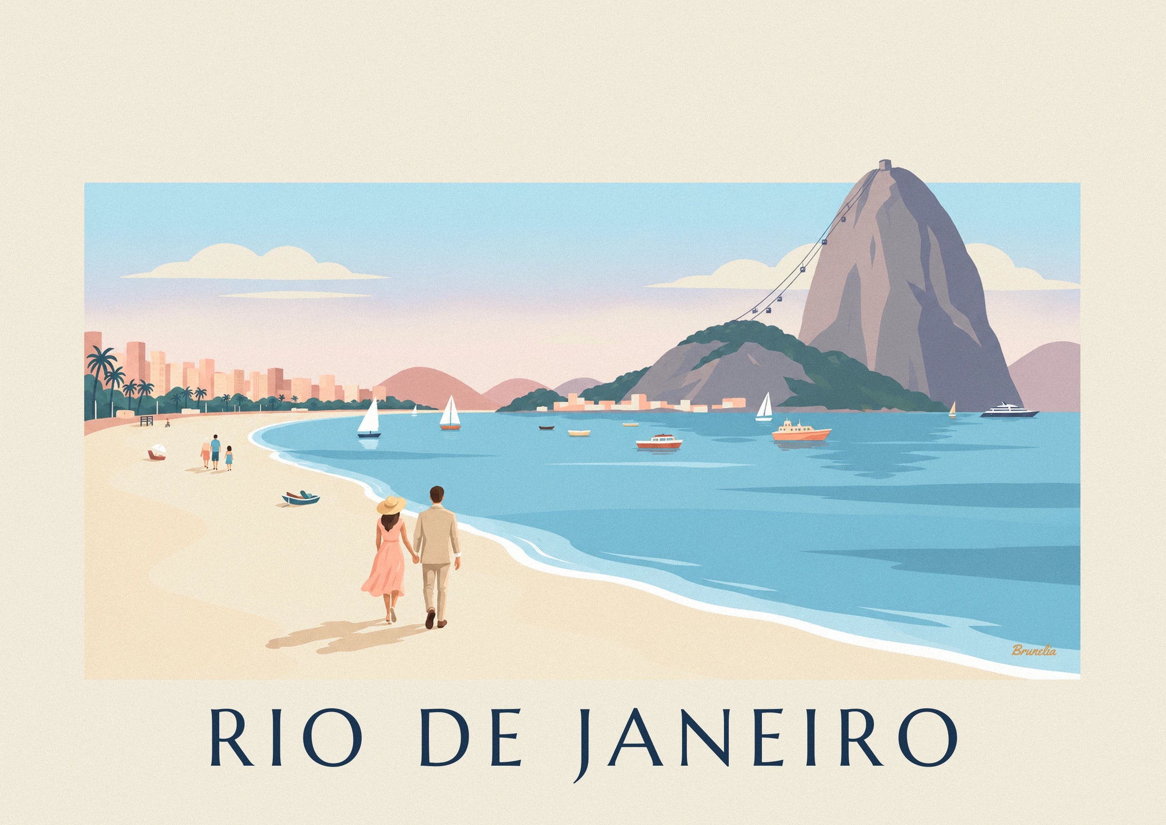 Affiche couple sur la plage de Botafogo face au Pain de Sucre à Rio : détail en gros plan