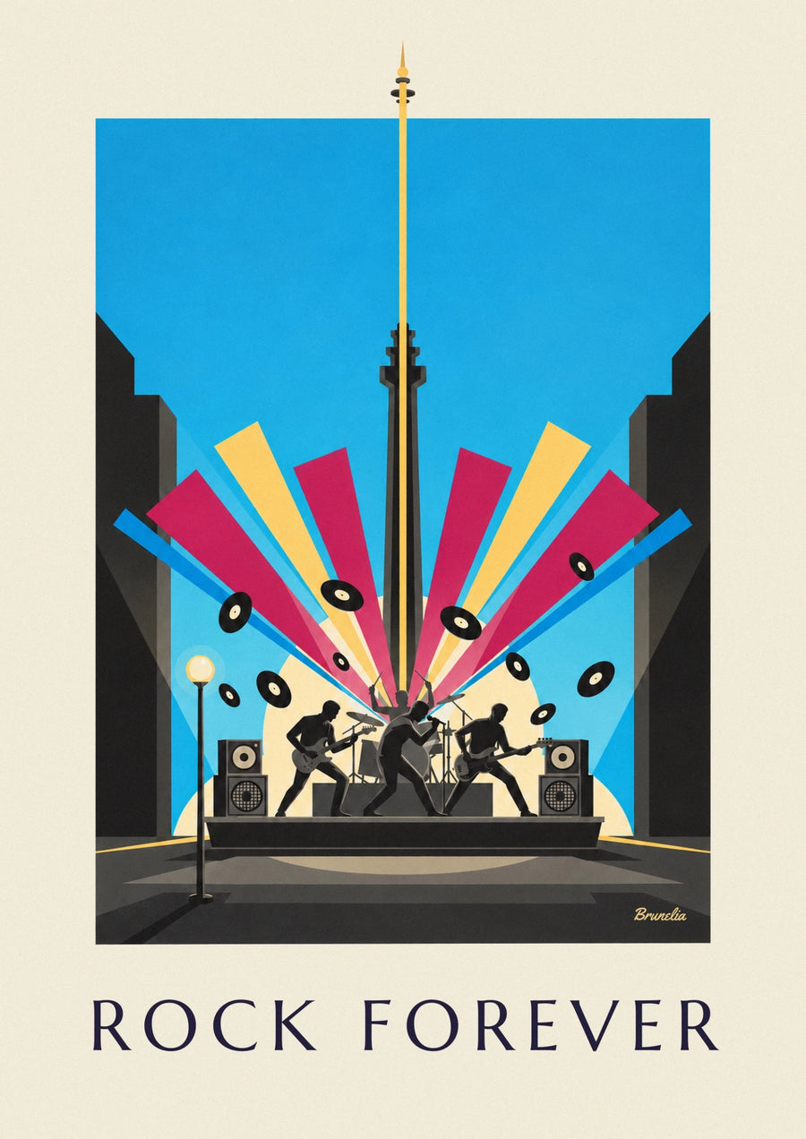 Rock musician silhouettes on stage and vinyl records poster