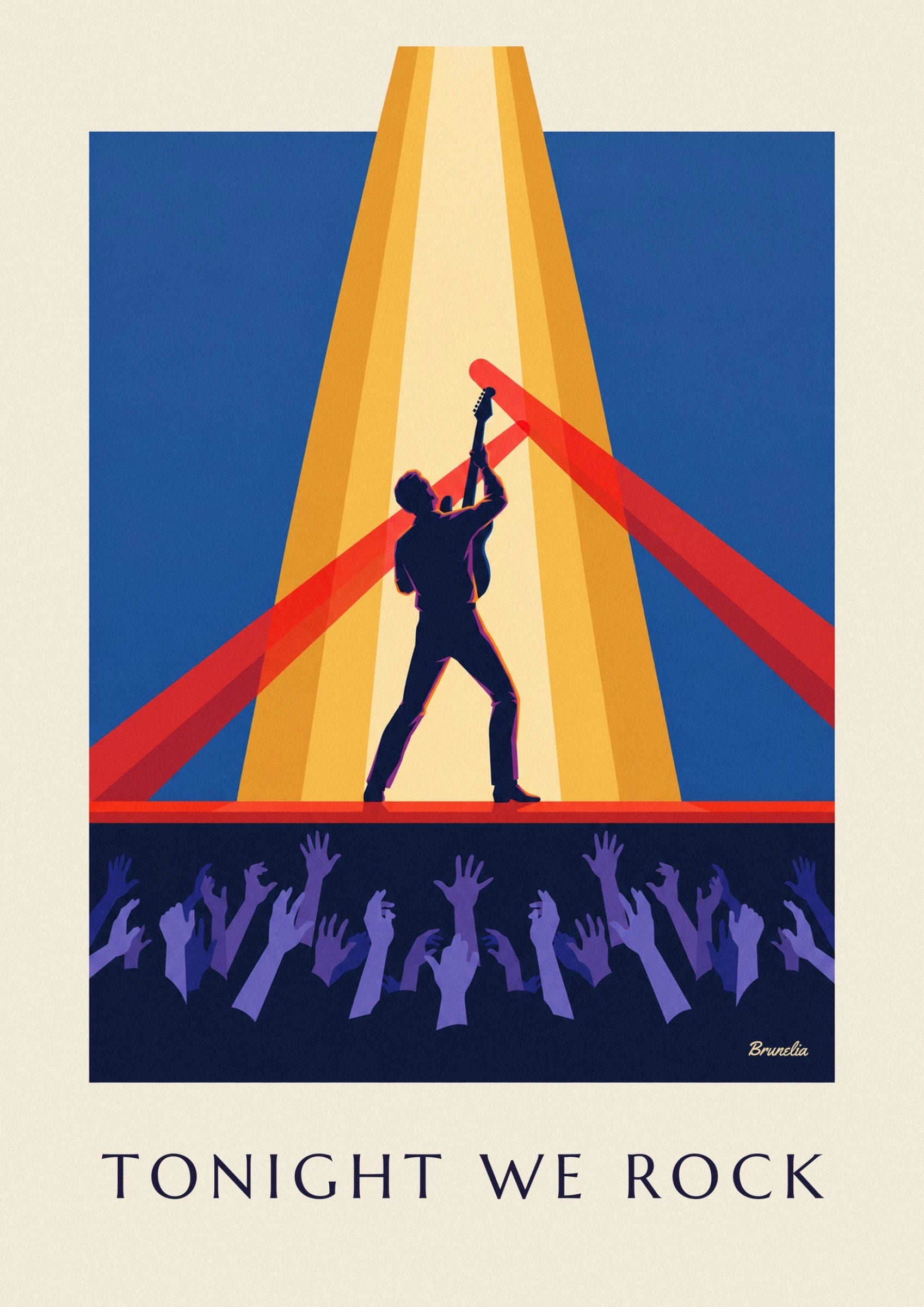 The guitarist in dark silhouette, guitar raised beneath yellow and red beams