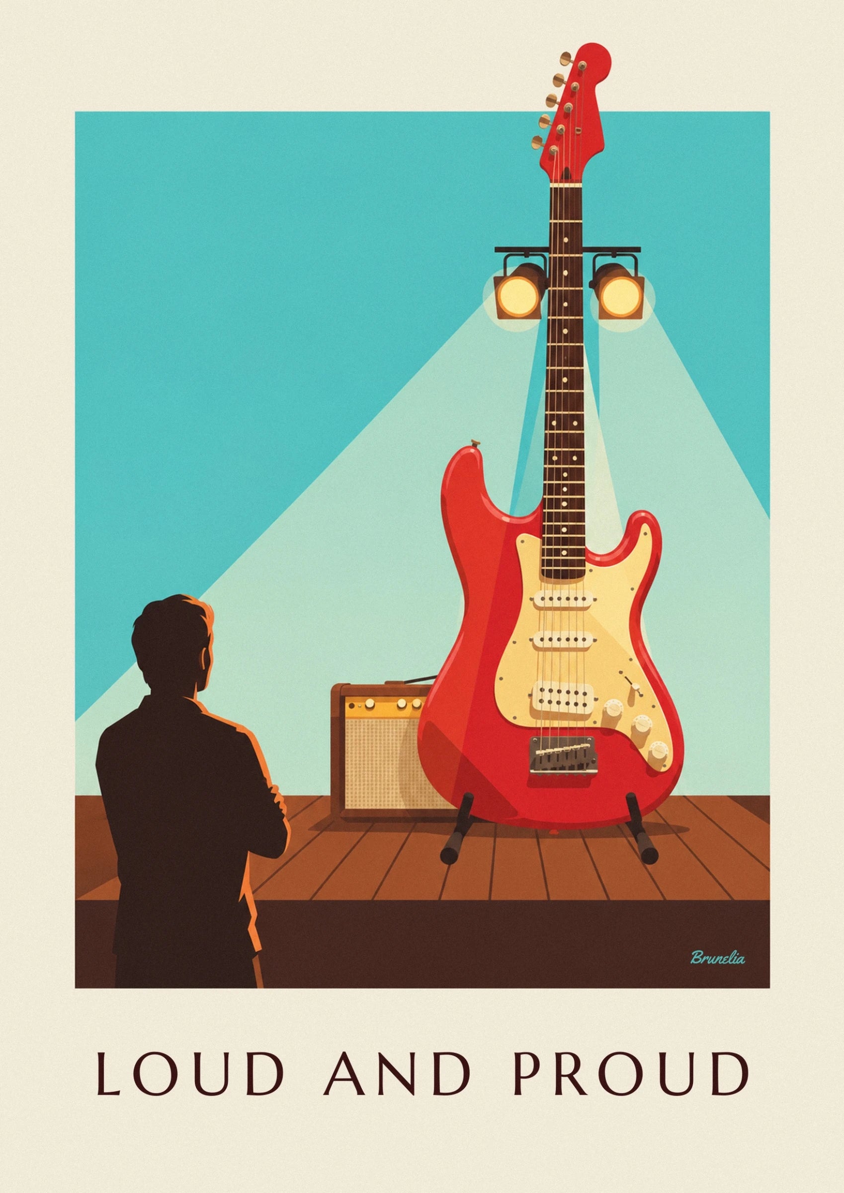 La guitare électrique rouge, ses micros crème et ses 3 boutons sur la scène du club