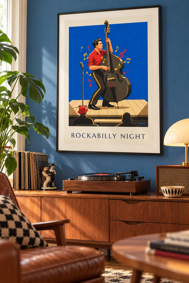 Plakat med rockabillyfest og musiker med kontrabas: indrammet på væggen