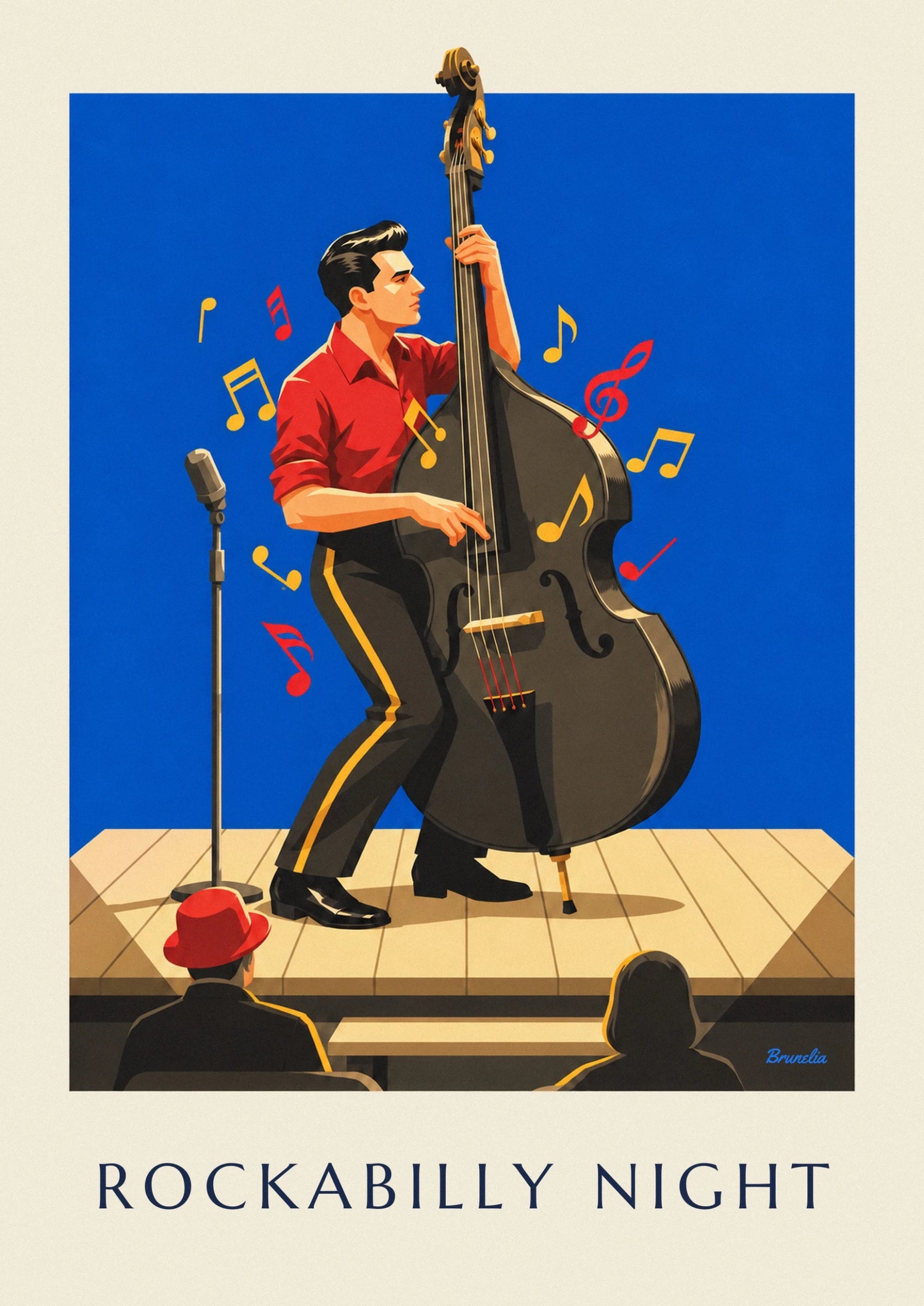 The musician in a red shirt with his hands on the strings of his double bass