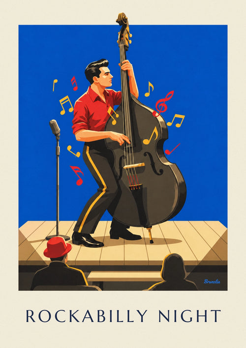 Plakat med rockabillyfest og musiker med kontrabas: hele plakaten