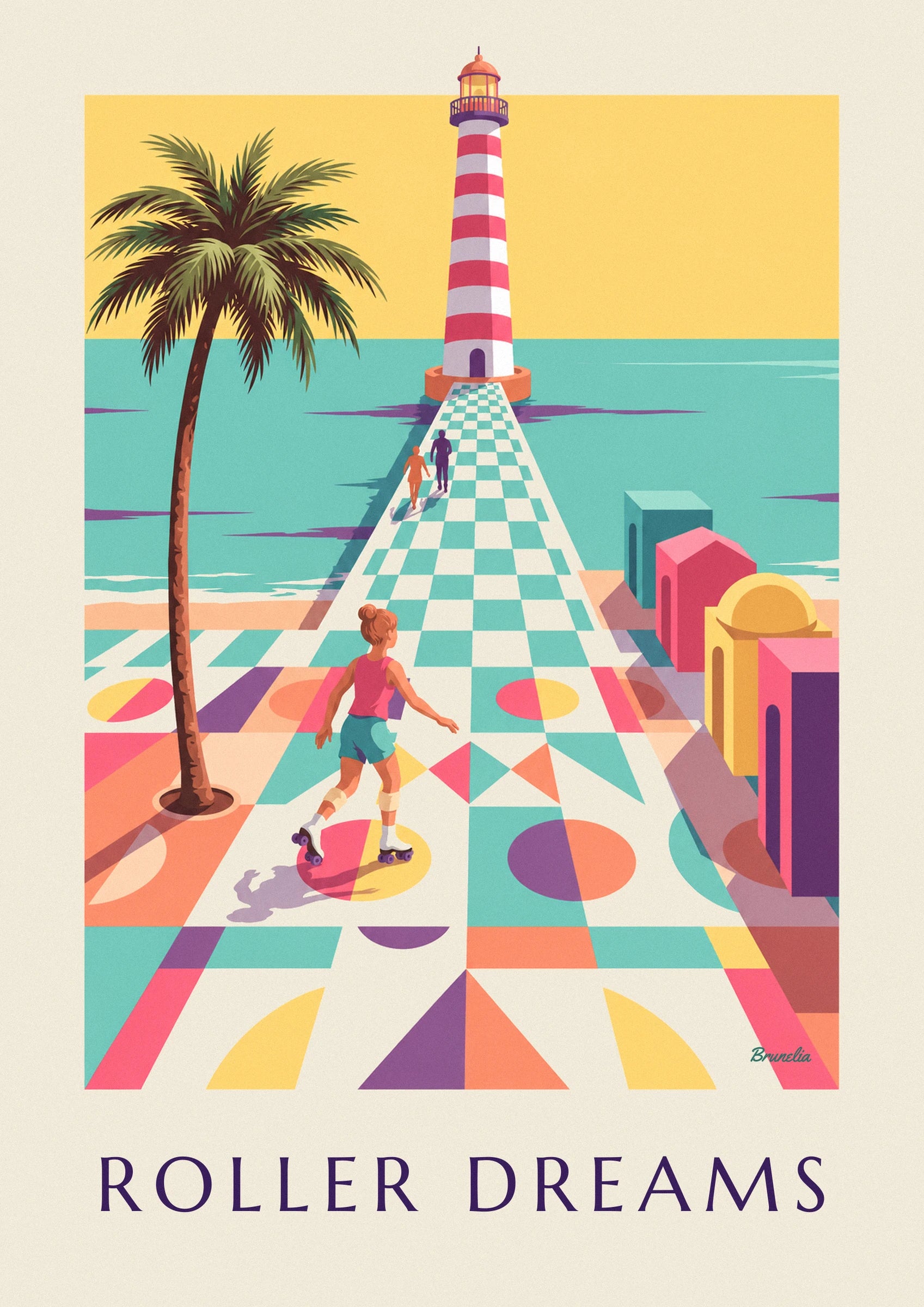 La patineuse en débardeur rose et short turquoise sur la jetée aux motifs géométriques