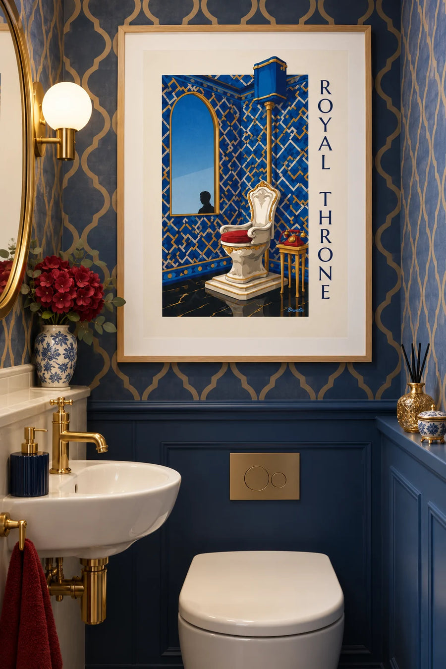 Plakat med toilet med kongelig trone og drejeskivetelefon: indrammet på væggen