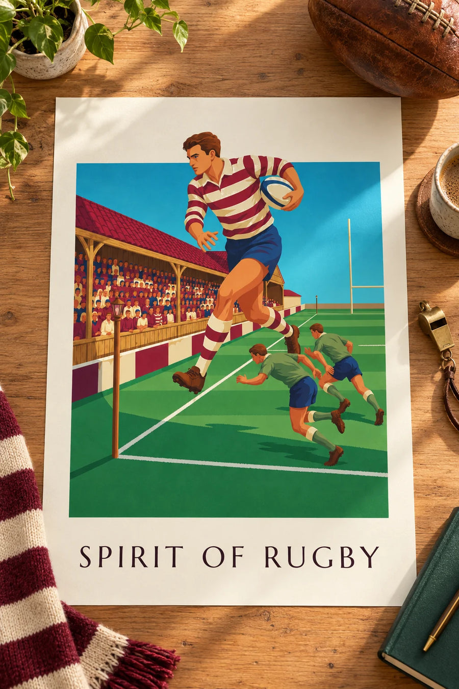 Plakat med rugbyspiller, der sprinter langs sidelinjen: på et bord