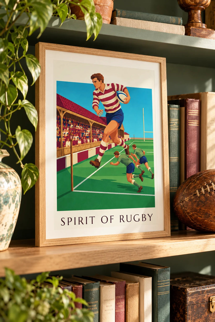 Plakat med rugbyspiller, der sprinter langs sidelinjen: lille A4-format i ramme