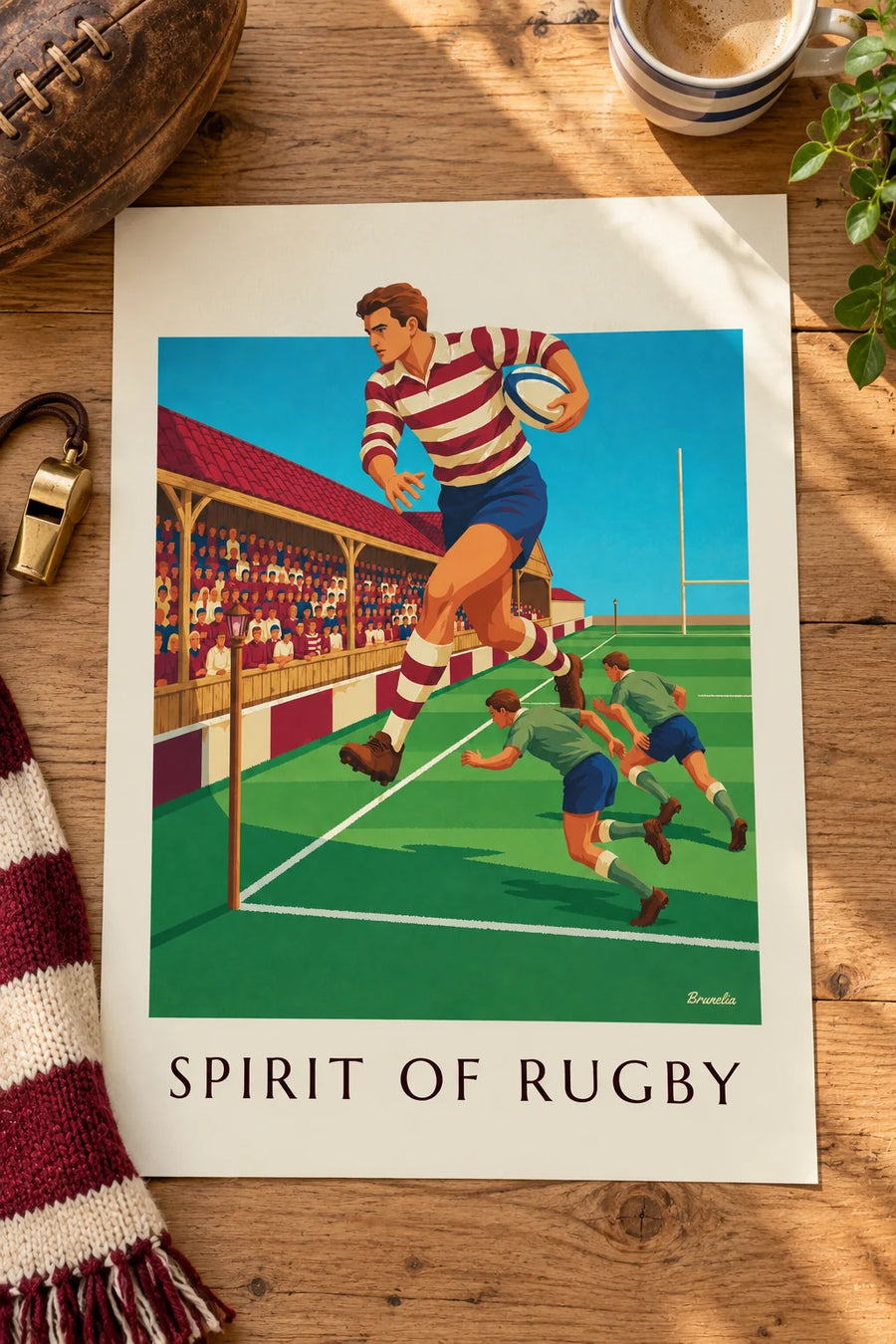 Affiche joueur de rugby sprintant le long de la touche : posée sur une table