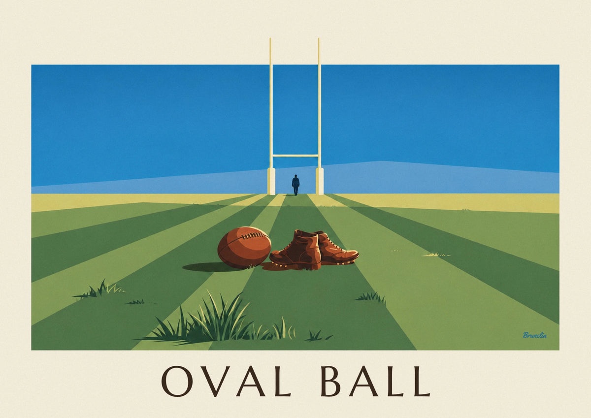 Affiche ballon ovale en cuir et crampons sur un terrain de rugby