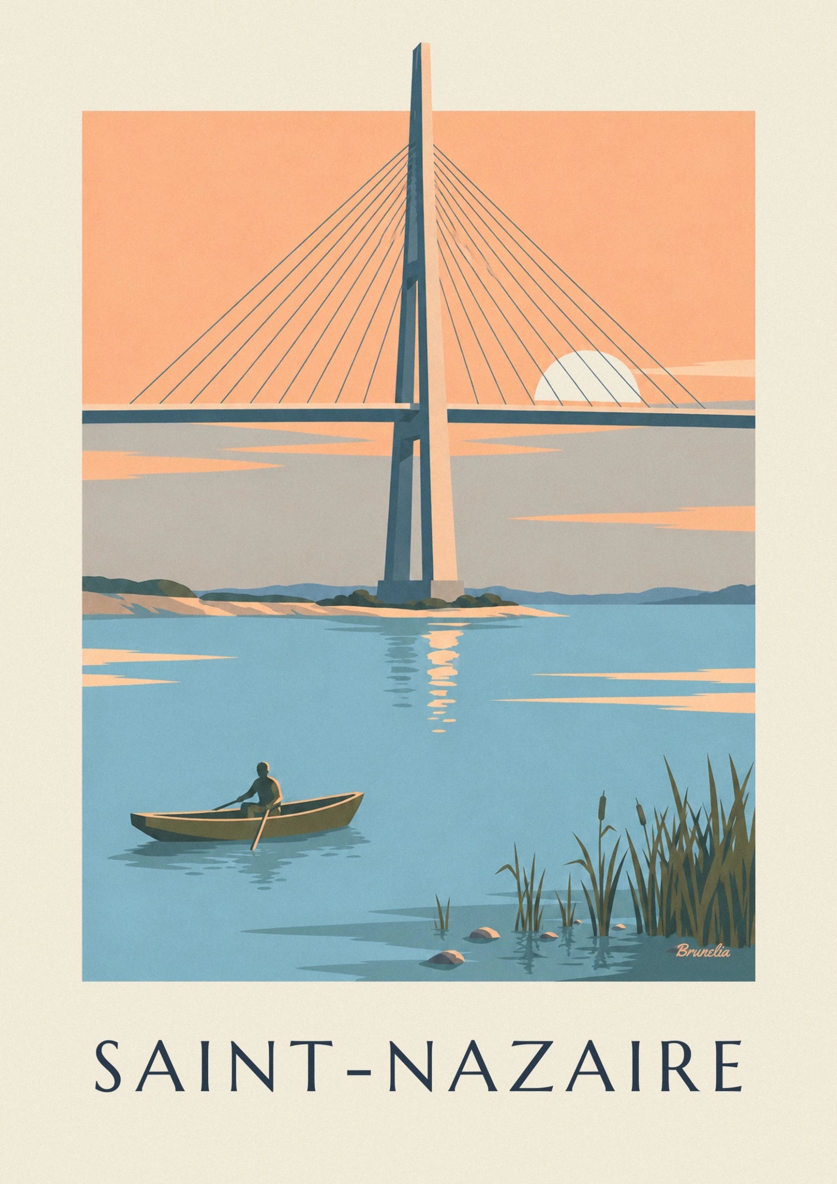 Le pylône du pont de Saint-Nazaire et ses haubans sur un ciel orangé